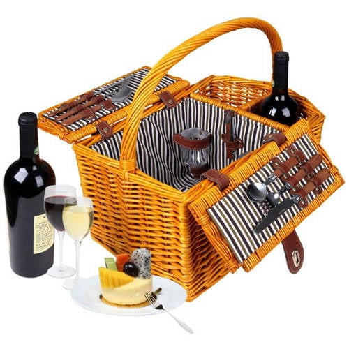17" Striped Lined Wicker Picnic Basket with Wineholder by Trademark Innovations