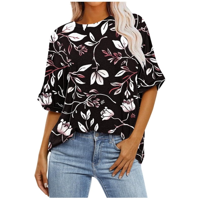 Pisexur Hauts d'Été pour Femmes Mode Décontractée Manches Courtes Col Rond T-Shirts Confortables Amples Surdimensionnés Imprimé Floral Blouses Hauts Mode T-Shirts Imprimés Graphiques Grande Taille Tops de Sortie S-5TG