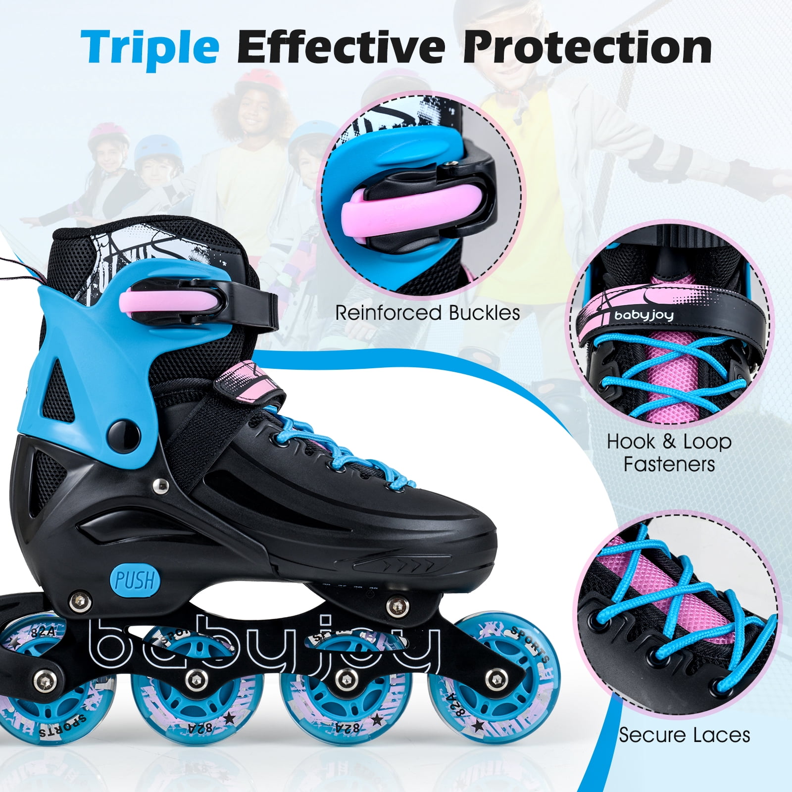 Babyjoy 4-Size Adjustable Light-Up Roller Skates with Illuminating Wheels & Safety Support Black