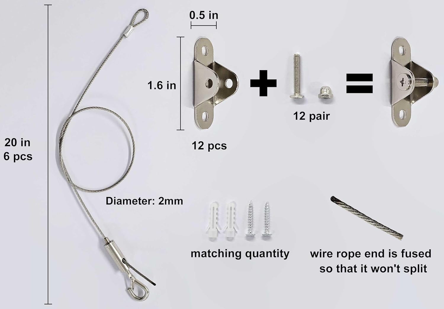 JJEAN-6 Sets Adjustable Hanging Wire Kit, Stainless Steel Multipurpose Suspension Wire Cable with Hook, Heavy Duty Anchor for Furniture, Light, Lamp, Picture, Mirror Secure to Wall or Ceiling, 20in