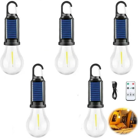 Rechargeable Solar LED Camping Light Bulb - Vintage Outdoor Hanging Lantern with Remote Control Warm White Light IPX4 Waterproof for Camping Yard and Home Decor