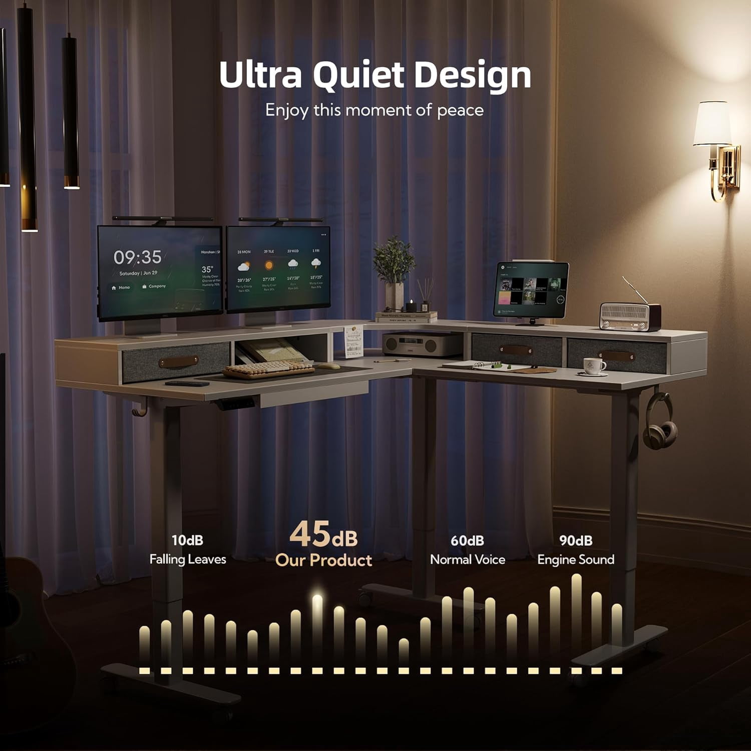 Claiks Dual Motor 63" L Shaped Standing Desk with Drawers, Electric Height Adjustable Standing Desk with Monitor Stand & Splice Board, White Frame/White Top