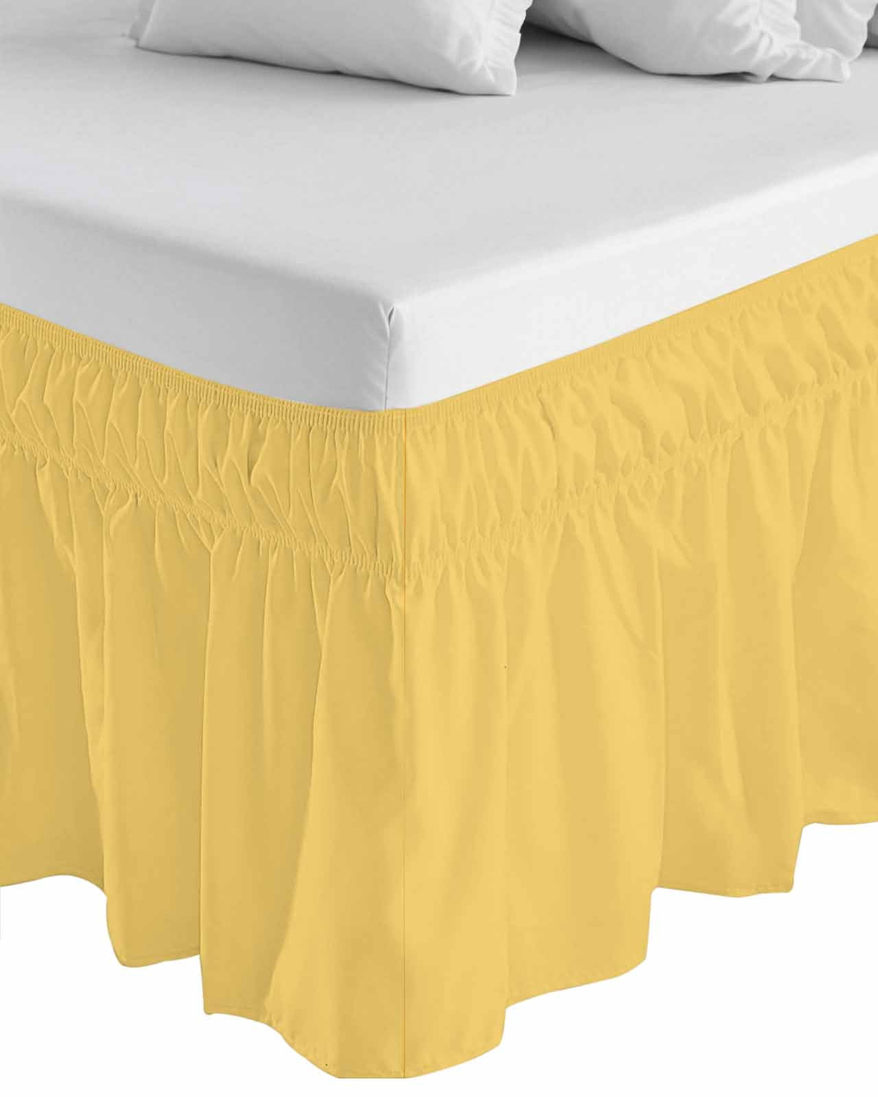 Pure Yellow Bed Skirt King Size, Simple Solid Color Wrap Around Bed Skirting with Adjustable Elastic Strap, Dust Ruffle Pleated Bedskirts 16 Inch Drop for Bedroom King Beds
