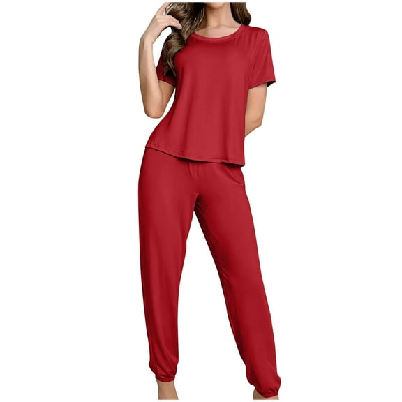 Chbgutlmr Lounge Sets for Women 2 Piece Round Neck Short Sleeve Shirts Jogger Pants Sleepwear Summer Outfits