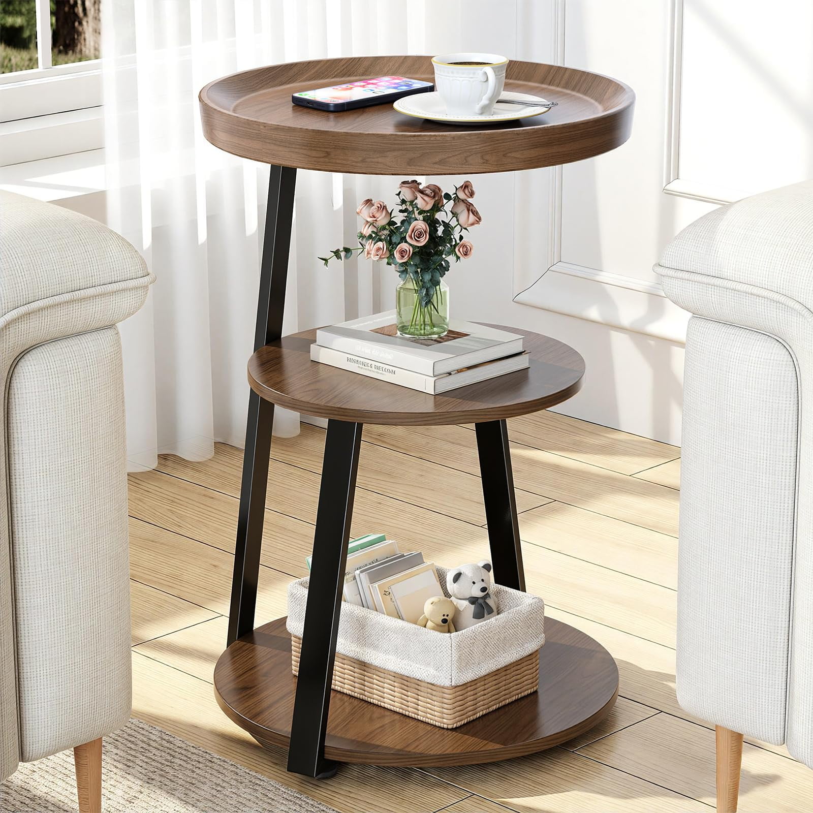 Walnut Round Side Table 3‑Tier Tray‑Top End Table with Storage Shelf Ultra‑Stable Modern Farmhouse Couch Table Nightstand for Living Room Bedroom Bedside and Small‑Space Home Furniture