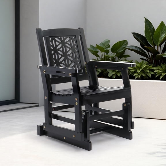 Zimtown 28" Wooden Outdoor Patio Glider Chair with Cup Holder & Armrests, Fir Wood Single Yard Rocking Seat Black
