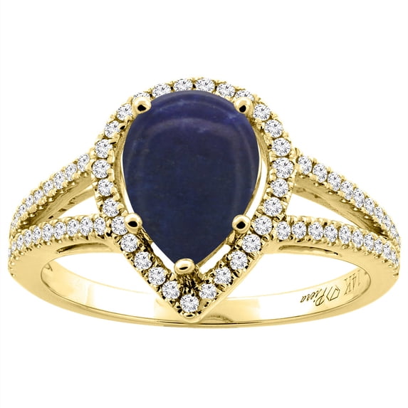 14K Yellow Gold Natural Lapis Ring Pear Shape 9x7 mm Diamond Accents, size 5.5