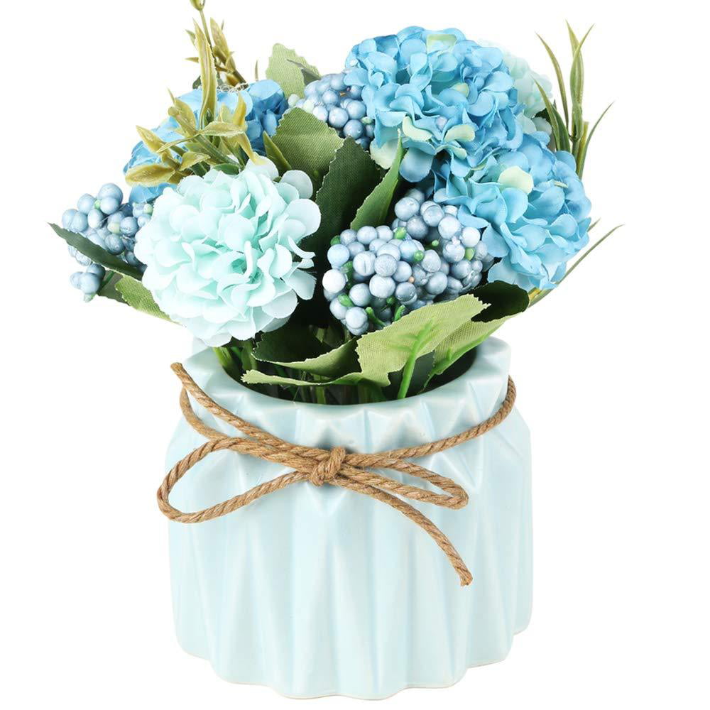 Shiny Flower Artificial Hydrangea Bouquet with Small Ceramic Vase Fake Hydrangea Flower Potted Artificial Fake Variety Silk Flower Bonsai for Home Party Wedding Office Table Decor Blue 