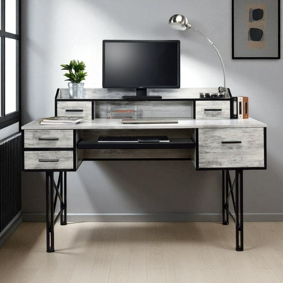 GZXS Modern Home Office Computer Desk with 5 Storage Drawers, Keyboard Tray, and Raised Shelf, Antique White Finish Writing Desk with Black Metal Frame - 59"L x 28"W x 37"H