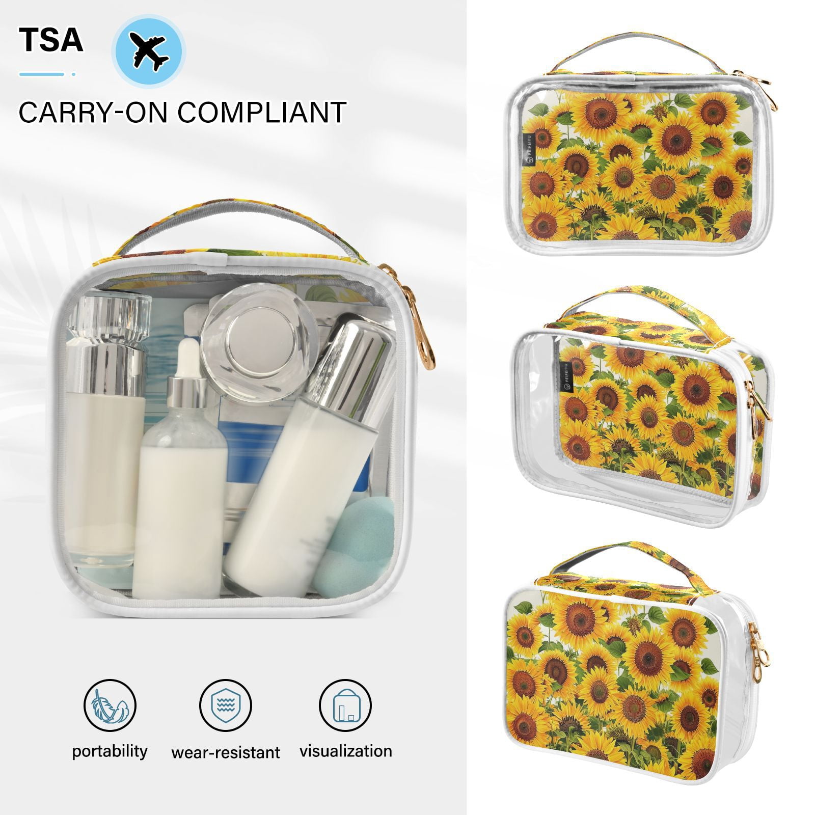 Clear Makeup Bags with Handle Large Opening 2 Pack Set Toiletry Bag Quart Size Bag, for Women Man Traveling Travel Essentials, Toiletries and Other. Sunflower