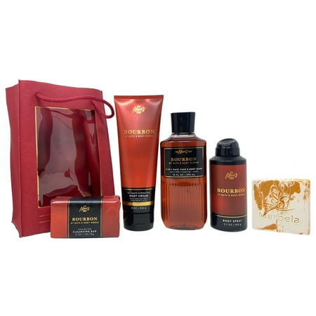 Bath & Body Works Men's Collection Bourbon Gift Bag Set - Body Cream, 3-in-1 Hair, Face & Body Wash, Body Spray and Cleansing Bar - with a Peach Gardenia Sample Soap