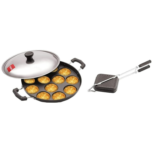 Black Sandwich Toaster + 12 Cavity Black Appam Patra Side Handle With Lid, 23 Cm - Non-stick Inner Layer