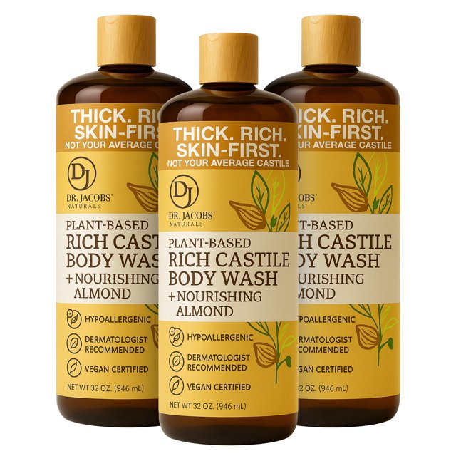 Dr. Jacobs Naturals Pure Castile Soap Liquid Body Wash Almond - Jabón de Castilla natural impregnado con vitamina E y aloe vera para hidratar la piel seca y sensible - Hecho en los EE. UU. - 32 oz P