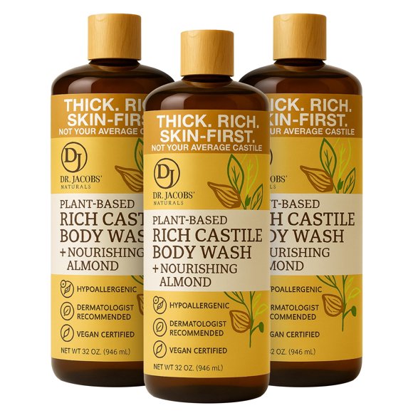 Dr. Jacobs Naturals Pure Castile Soap Liquid Body Wash Almond - Jabón de Castilla natural impregnado con vitamina E y aloe vera para hidratar la piel seca y sensible - Hecho en los EE. UU. - 32 oz P