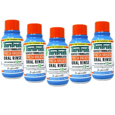 5 Pack - TheraBreath Fresh Breath Mouthwash, Icy Mint, Alcohol-Free, Travel Size, 3 fl oz