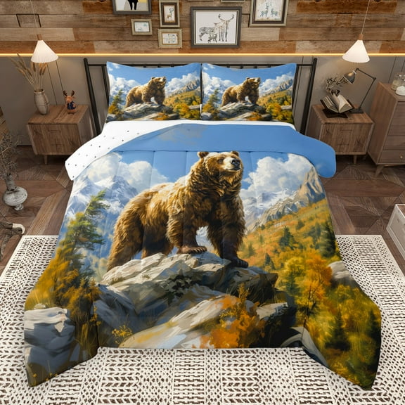 Castle Fairy Safari Brown Bear 2Pcs Bedding Comforter Set for Boys Girls Teens,Woodland Animal Twin Comforter Sets,Jungle Wildlife Breathable Bedding Set,Super Cozy Room Decor