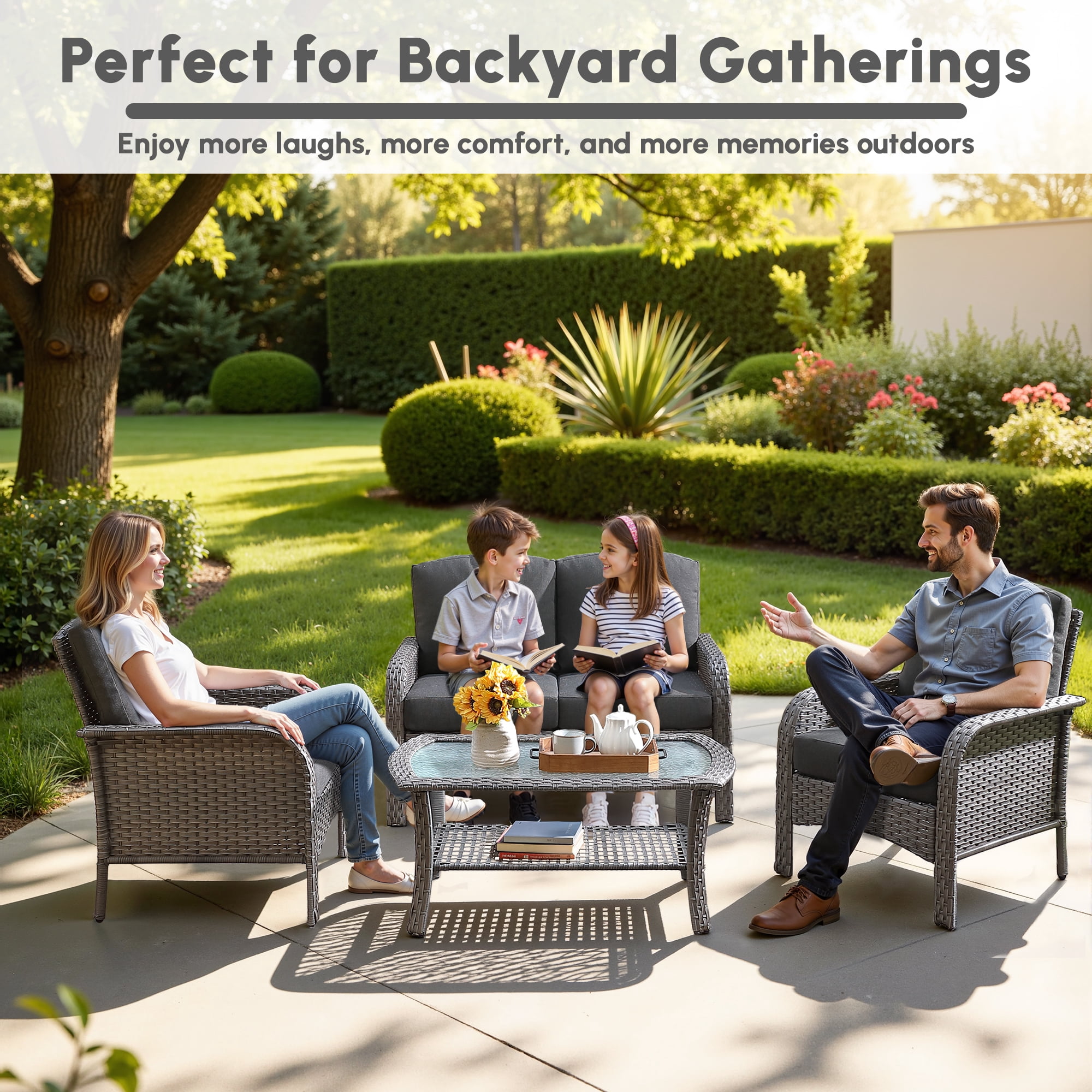 Ovios 4 Pieces Wicker Outdoor Patio Furniture with Coffee Table High Back All Weather Rattan Outdoor Sectional Conversation Set for Backyard Porch Garden, Black
