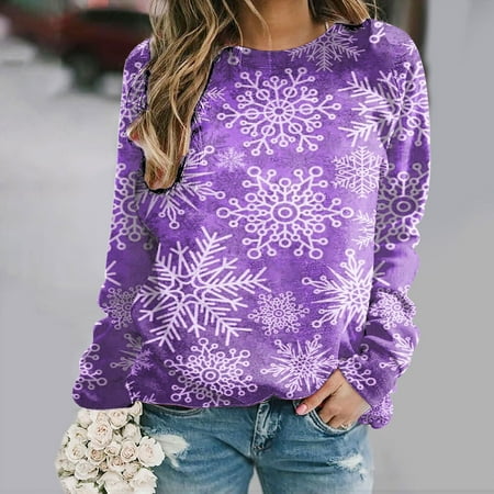 Jacenvly Sweatshirt for Womens Fall Long Sleeve Christmas Snowflake Print Womens Tops Cute Casual Round Neck Sweaters Light Soft Comfortable and Warm