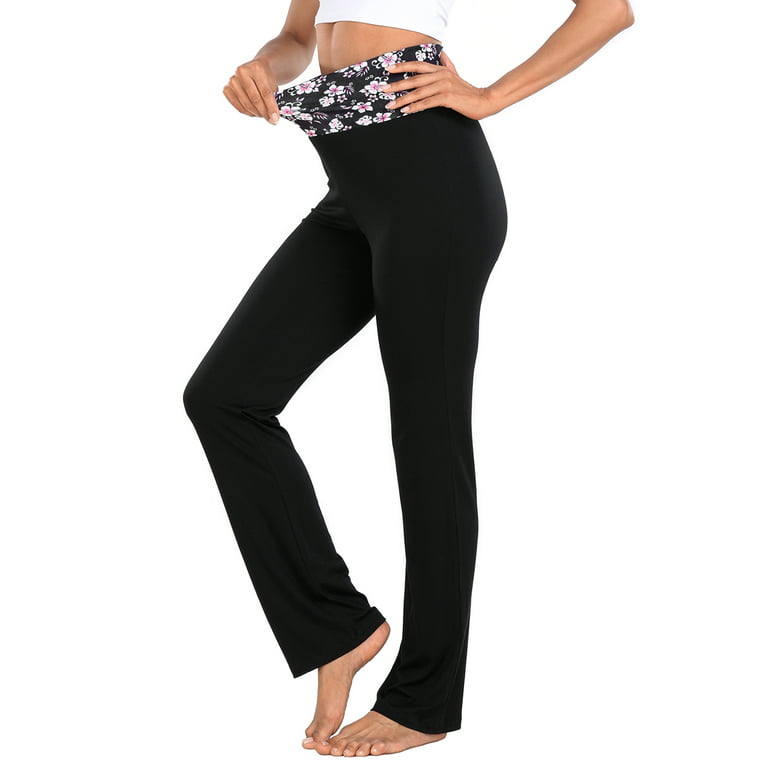 HDE Women's Color Block Fold Over Waist Yoga Pants Flare Leg Workout  Leggings Pink Hibiscus Floral / Black M