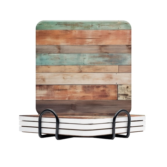 BaHomeck Drink Coasters Set Of 4 With Holder Rustic Wooden Wall With Aged Finish Water Absorbent Ceramic Coasters Tabletop Protection,Suitable For Various Cup,Home Decor