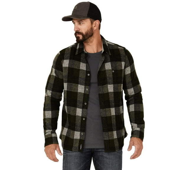 Flag Men's And Anthem Berks Plaid Textured Knit Long Sleeve Button-Down Western Olive Large