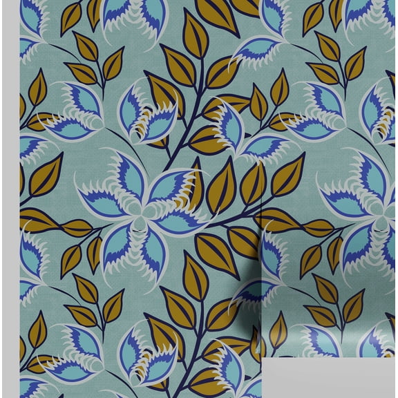 S4Sassy Peel and Stick Wall Covering, Floral Leaf Print Removable Walls Wrap - Blue Instant Wall Makeover Mural for Bathroom, Laundry Room, Closet Interior - Self-Adhesive Wallpaper Vinyl - 25"x60"