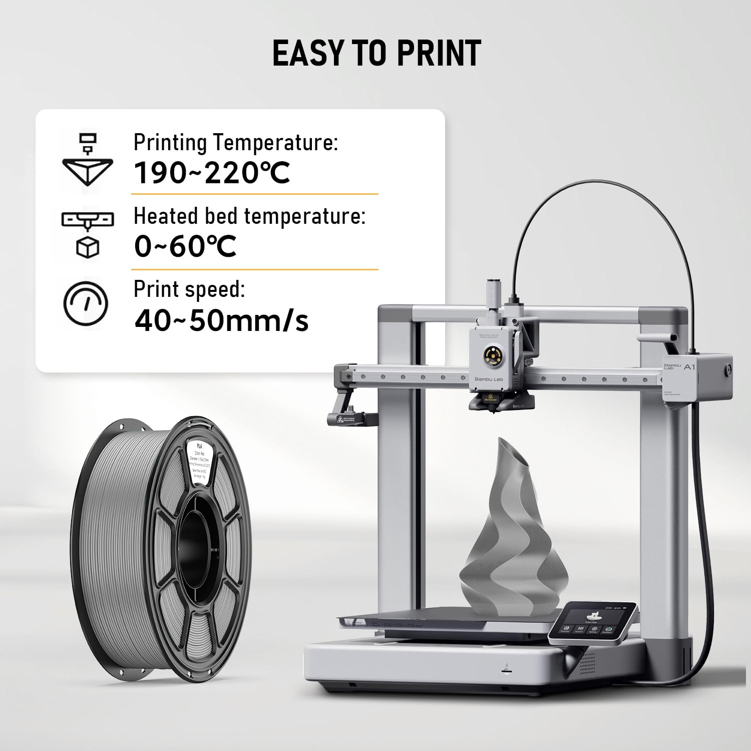 Silver PLA 3D Printer Filament 1.75mm, 1KG Spool, +/- 0.02mm Dimensional Accuracy, No-Clogging & Easy to Print,Works With 99% Of FDM 3d Printers