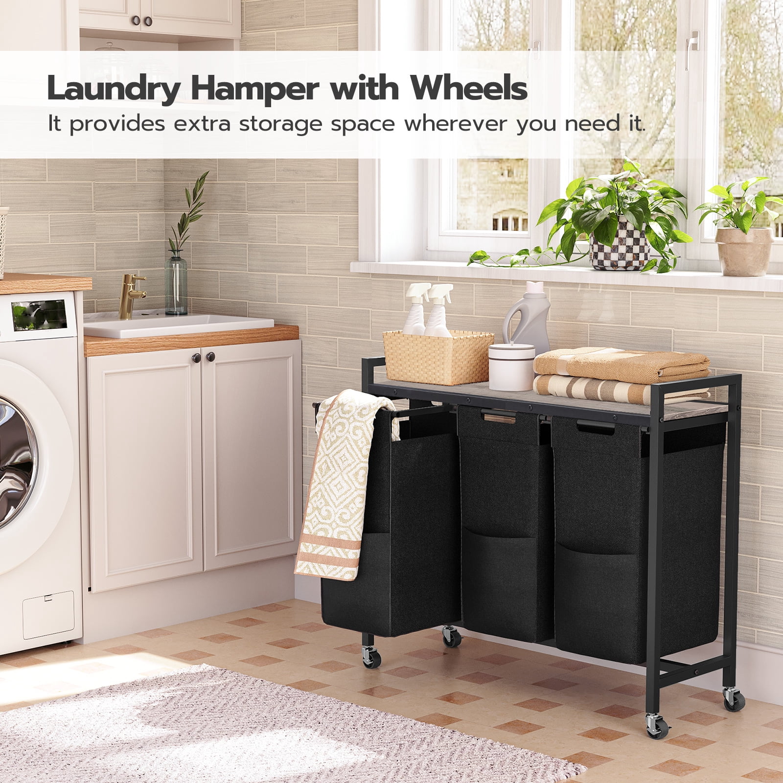 HOOBRO 3-Section Laundry Sorter with Wheels, 3 x 11.5 Gal, Removable Bags, Greige and Black