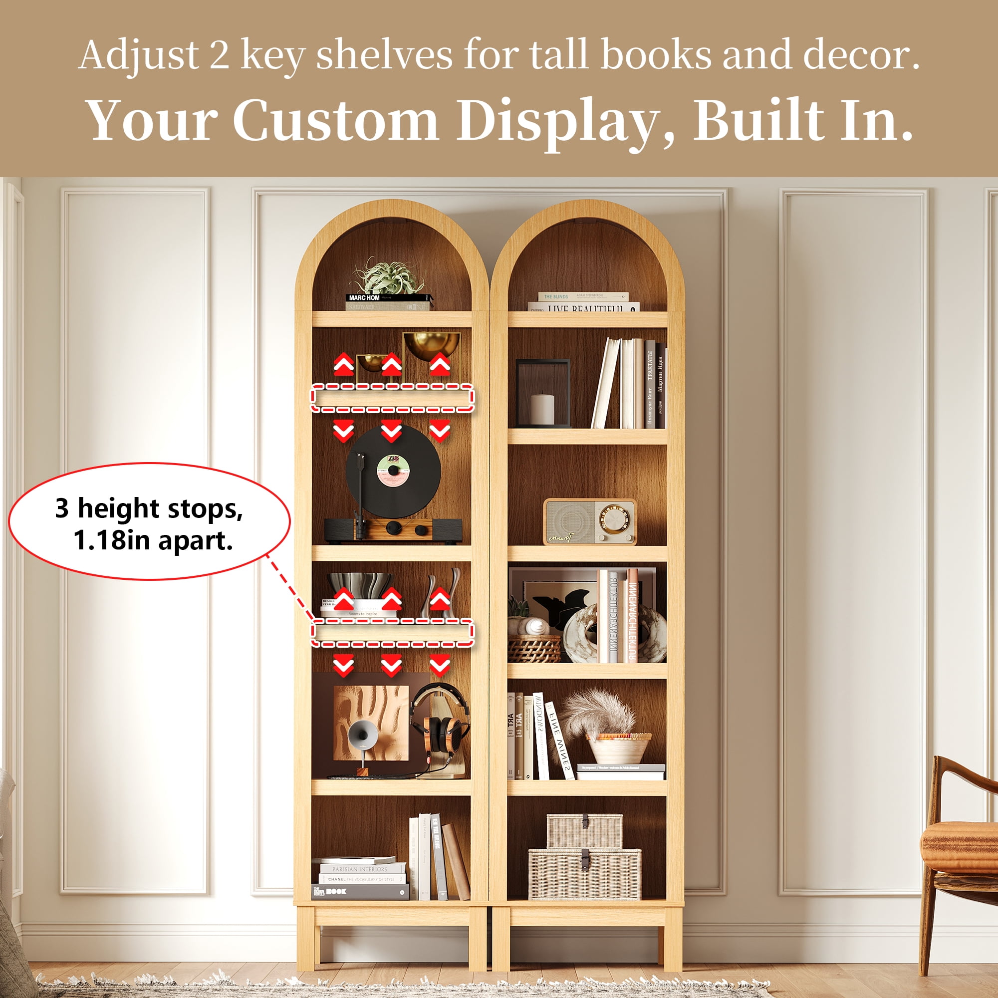 Kromapolis 6-Tier Arched Storage Bookcase with 2 Adjustable Shelves,Narrow Wood Bookshelf Open Display Shelves for Living Room,Entryway,Bedroom,Light Honey,Assembly Require