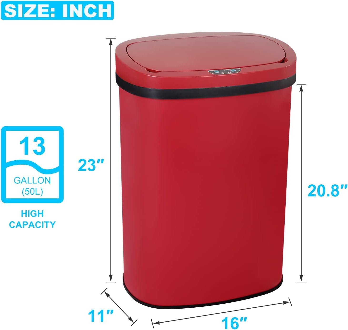 BIQWBIC 13 Gallon Automatic Trash Can, Touchless Stainless Steel Kitchen Garbage Can, Red