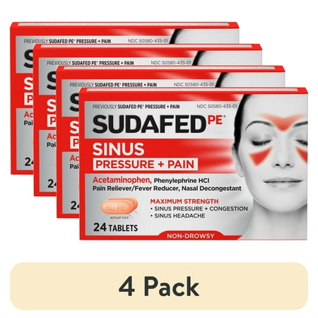 (4 pack) Sudafed PE Sinus Pressure + Pain Relief Decongestant Tablets, 24 Count