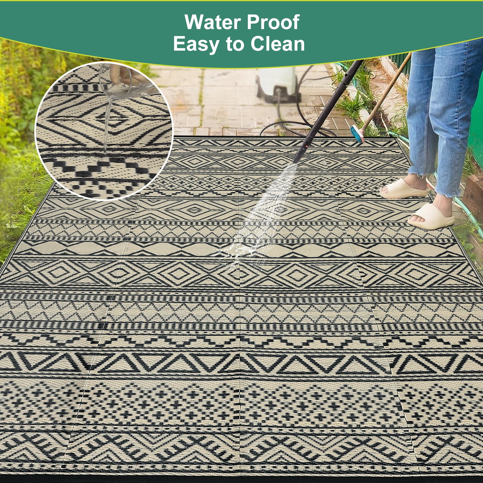 CAROMIO Khaki Black Boho Outdoor Area Rug 5x8 ft Waterproof Reversible Plastic Mat for Camping RV Picnic
