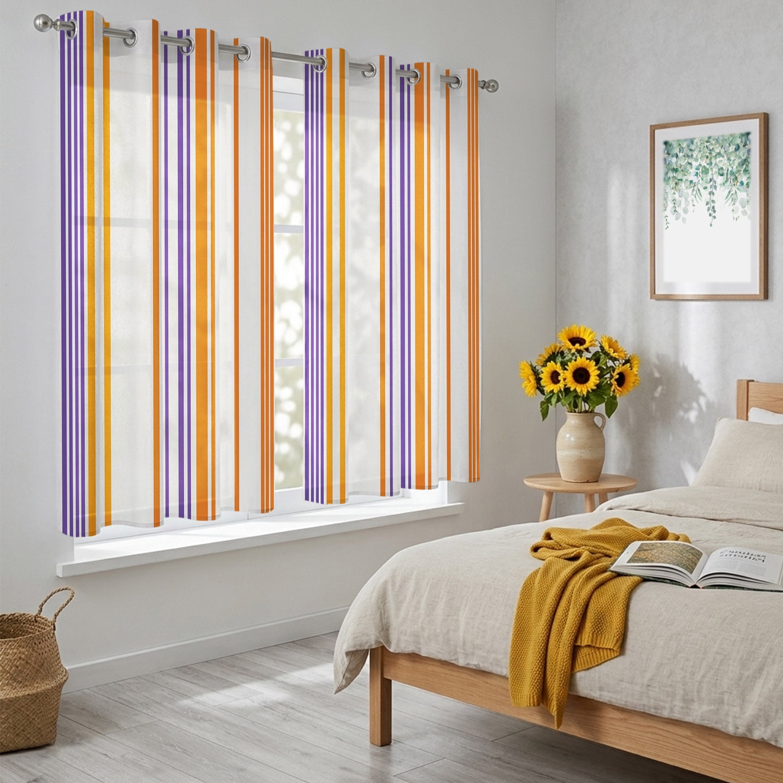Basics Patterned Sheer Curtains 39 Inch Long 2 Panels, Watercolor Rectangle Colorful Stripes Light Filtering Semi Sheer Drapes Grommet Voile Window Curtain for Living Bedroom W27.9 x L39