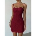 thumbnail image 3 of Burgundy Womens Fitted A-Line Camisole Dress With 3D Floral Appliqué Detail, 3 of 6