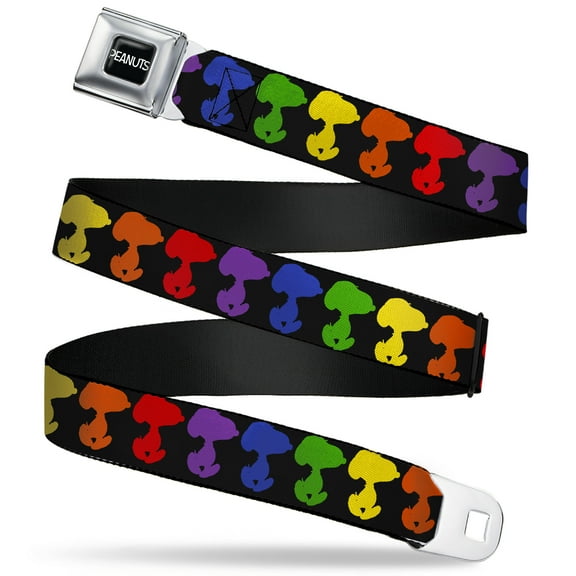 Peanuts Worldwide LLC Belt, Seatbelt Buckle Belt, Peanuts Snoopy Silhoutte Pose Black Rainbow Multi Color, 30 to 44 Inches