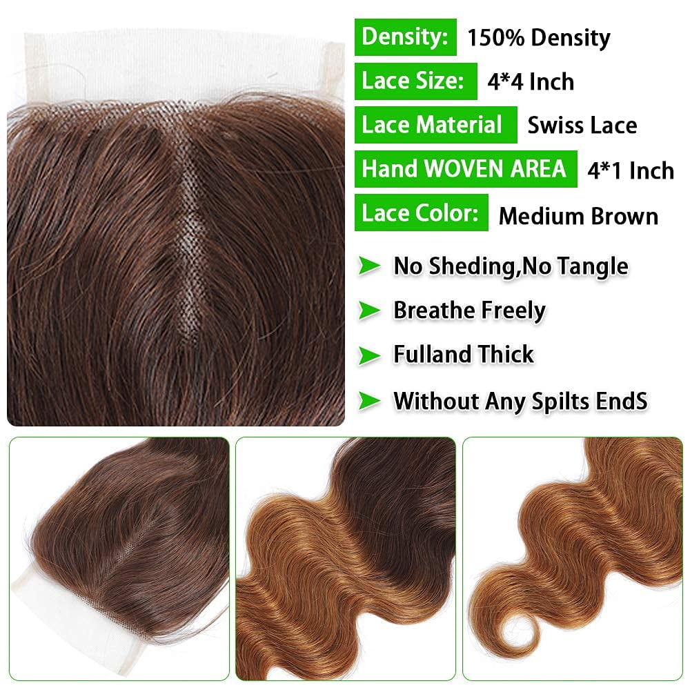 Ustar Two Tone Ombre T4/30 Body Wave Hair 3 Bundles with T-Part Lace Closure Middle Part 100% Unprocessed Brazilian Remy Virgin Hair Body Wave Human Hair Bundles 12"14"16" with Closure 12"