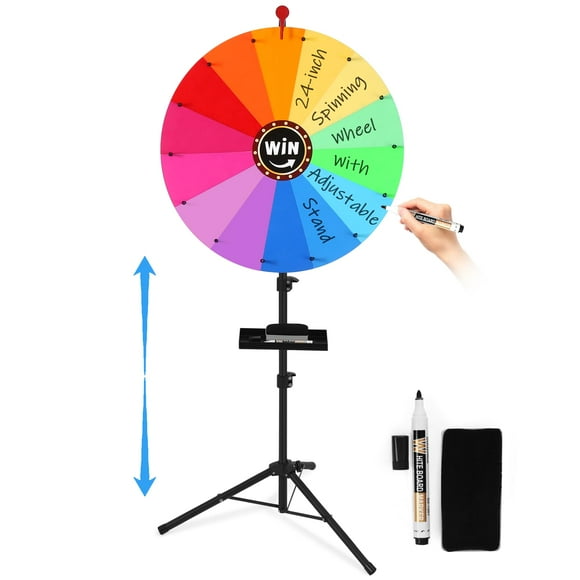 AugFir 24-inch Spinning Prize Wheel, Ajustable 37"-65" Height Spinning Wheel, Storable Prize Wheel Spinner with Stand, Wheel of Fortune, Spin Wheel for Prizes, 14 Slots