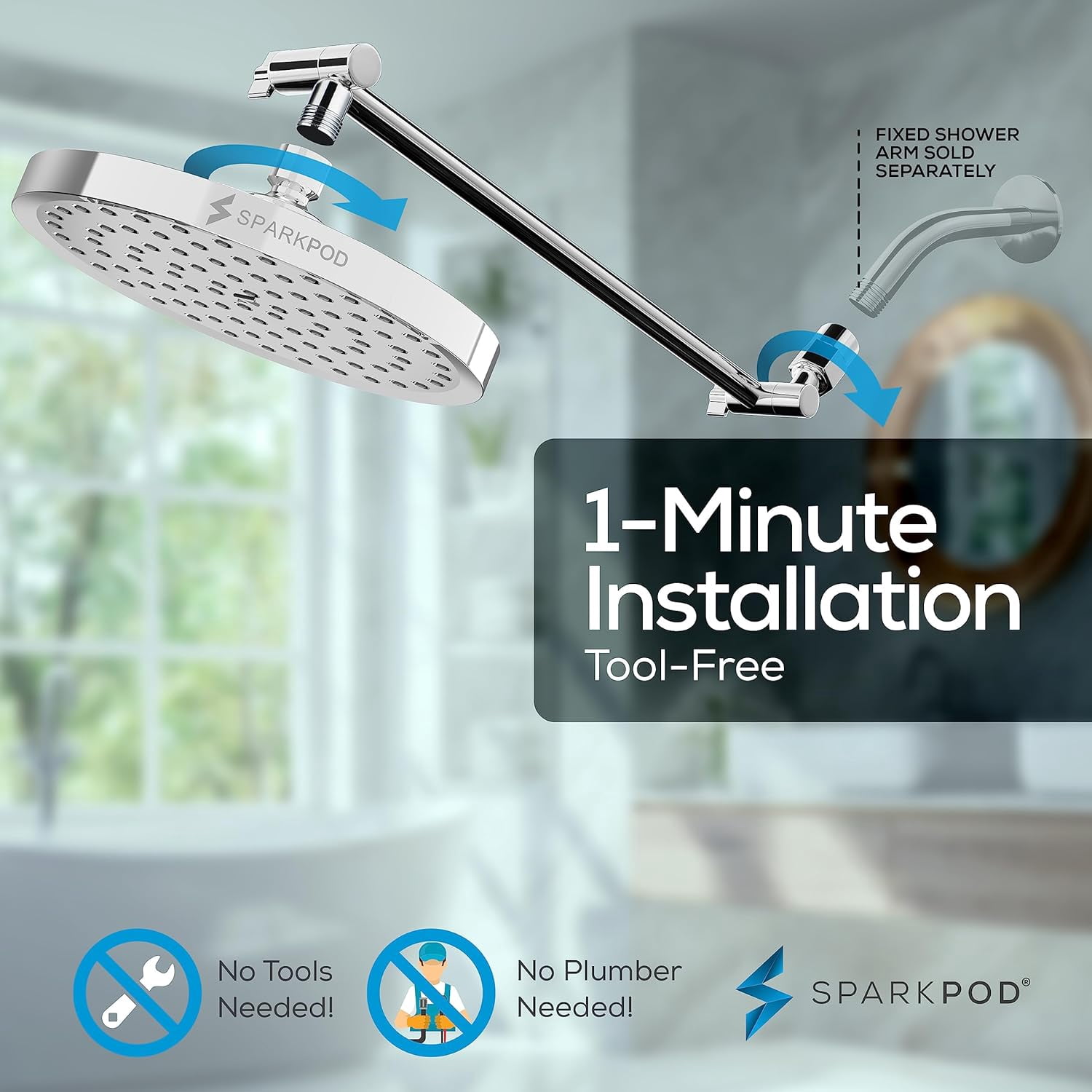 SparkPod Rain Shower Head with Adjustable Extension Arm 16" - High Pressure, Easy Install (8" inch Shower head, Chrome)