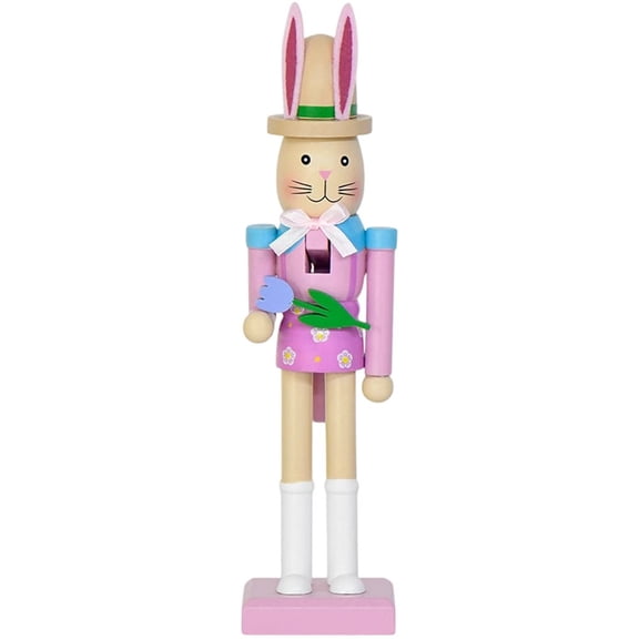Wood Easter Nutcracker Bunny Figurine Decoration – Wooden Rabbit Nutcracker Ornament Bunny Statue for Seasonal Table Decoration and Festive Spring Display