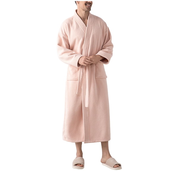 ShomPort Men's Open Front Bathrobes Full Length Fleece Towel Soft Robes Long Sleeve V-Neck Thermal Comfort Sleepwear with Pockets