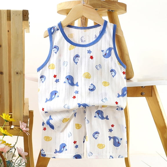 Amidoa Toddler Boys Girls 2 Piece Outfits Summer Clothes Cute Graphic Tank Top and Casual Shorts Kids Clothing Sets Blue Size 3T