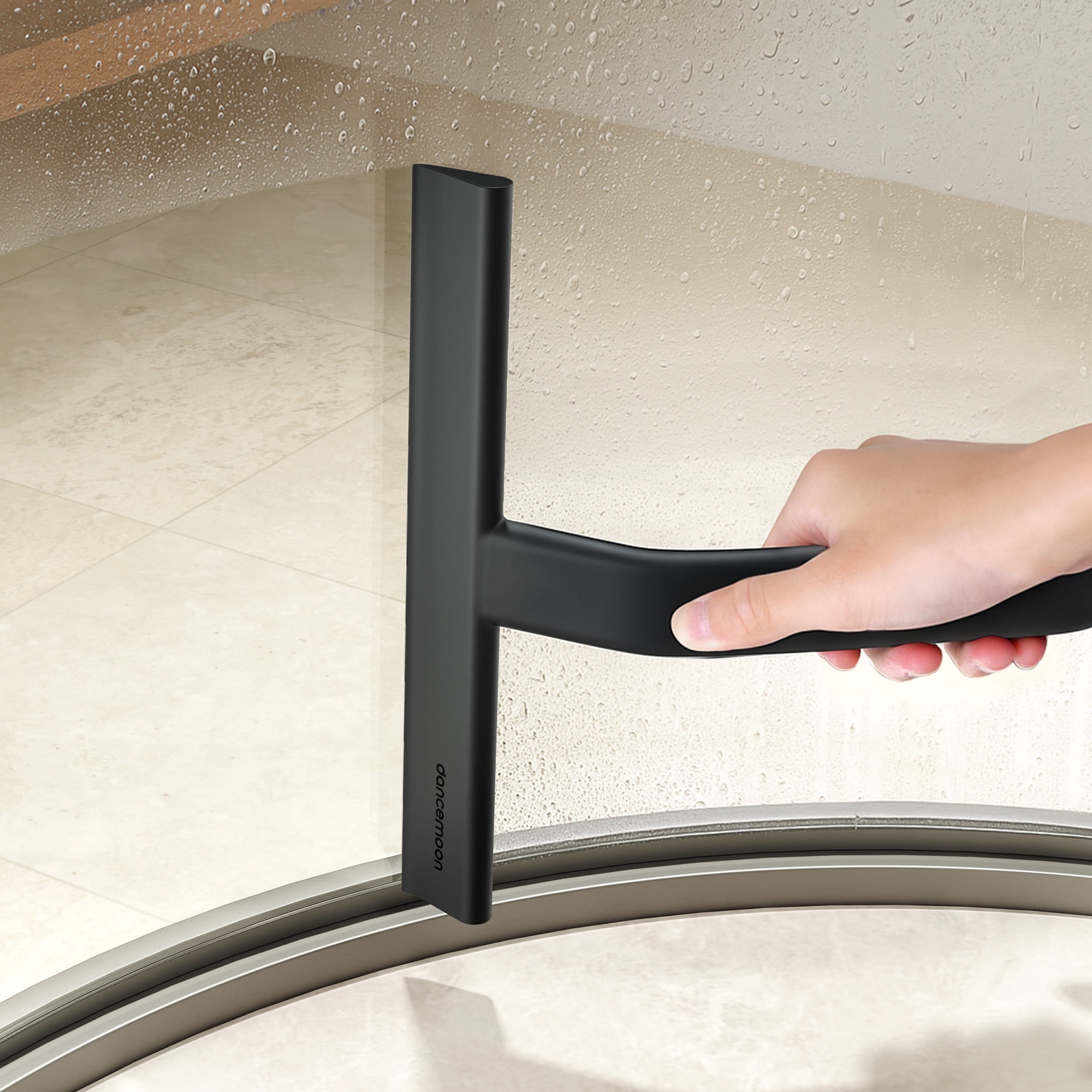 dancemoon Shower Squeegee for Glass Doors, One-Piece Soft-Touch Silicone Water Wiper with Built-in Hook for Bathroom and Tile Walls, 10-inch, Black