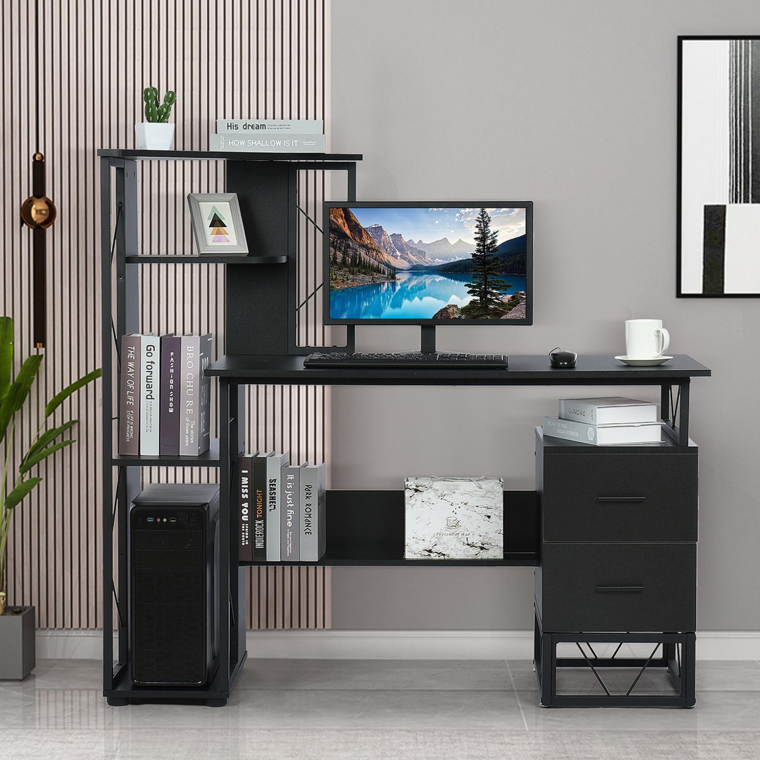 52" Modern MultiLevel Computer Desk Home Office Study Workstation with Storage Shelves, Drawers