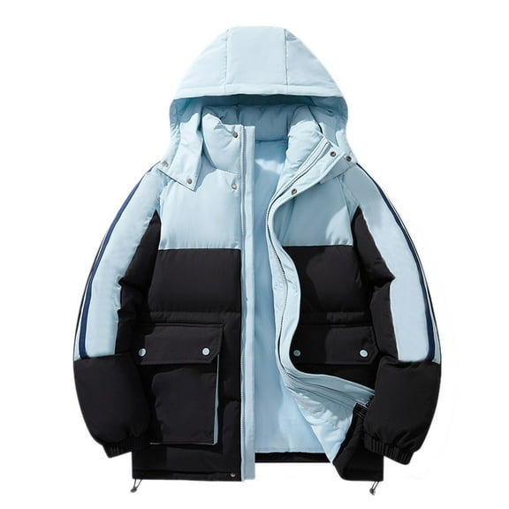 Men's Winter Color Contrast Hooded Quilted Coat Fashion Thick Color Warm Casual Quilted Coat