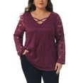 thumbnail image 1 of Blusa casual de mujer de talla grande Agnes Orinda con doble capa, encaje, mangas largas, escote en V, transparente, 4X color púrpura y rojo, 1 of 6