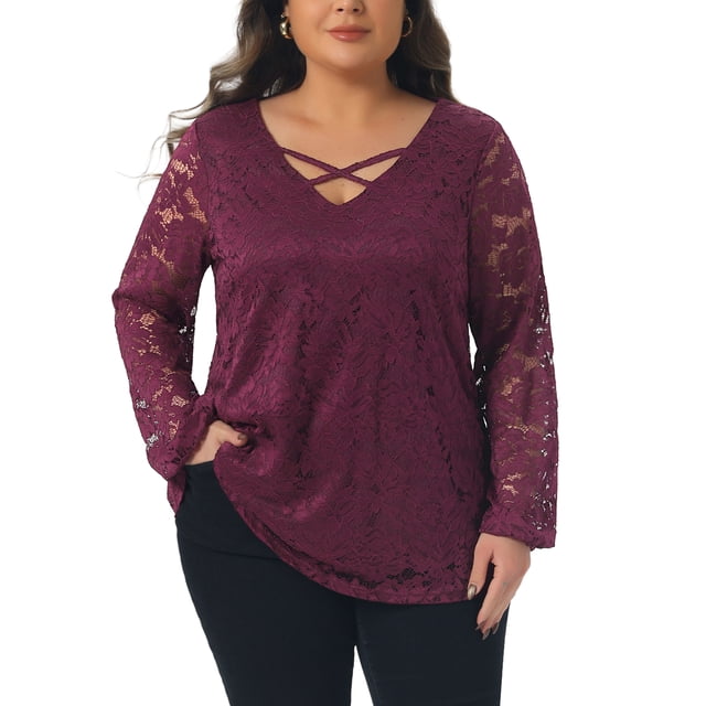 Blusa casual de mujer de talla grande Agnes Orinda con doble capa, encaje, mangas largas, escote en V, transparente, 4X color púrpura y rojo