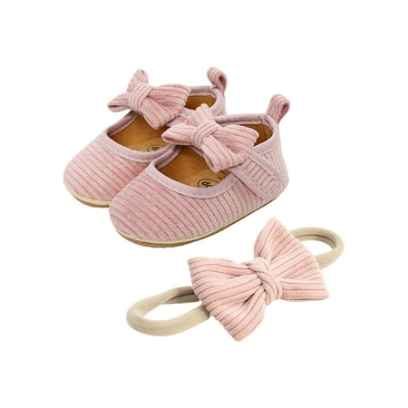 

COUTEXYI Newborn Girl Flat Shoes Anti-Slip Bowknot Decor Shoes with Hairband
