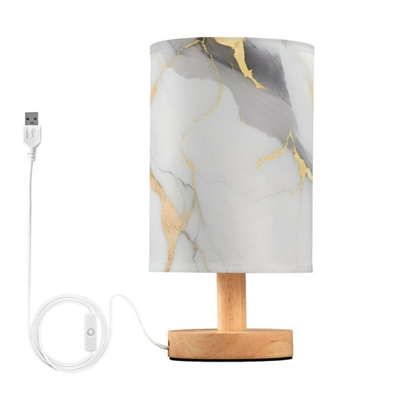 Grey and Gold Marble Bedside Table Lamp LED Warm Lights with USB Charging Port Retro Cylinder Desk Lamps