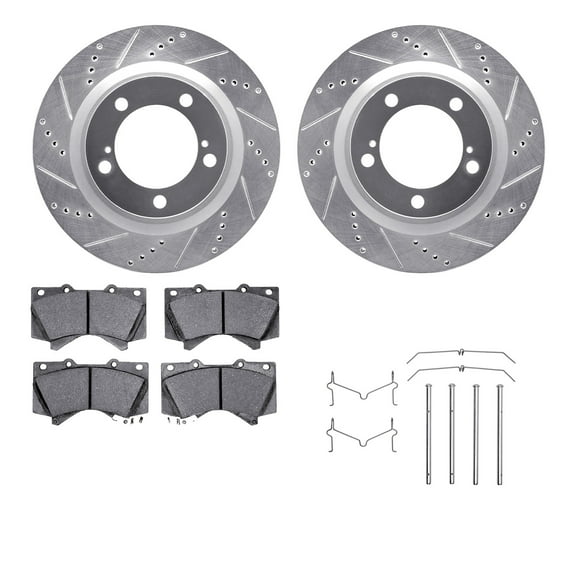 Dynamic Friction Company Front Brake Rotors-Drilled and Slotted-Silver with Heavy Duty Brake Pads includes Hardware 7212-76005