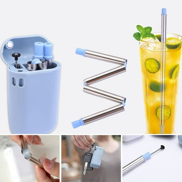 HALJEN Stainless Steel 304 Folding Straw Easy to Clean Reusable Food Grade Silicone Portable Folding Straw(Blue)